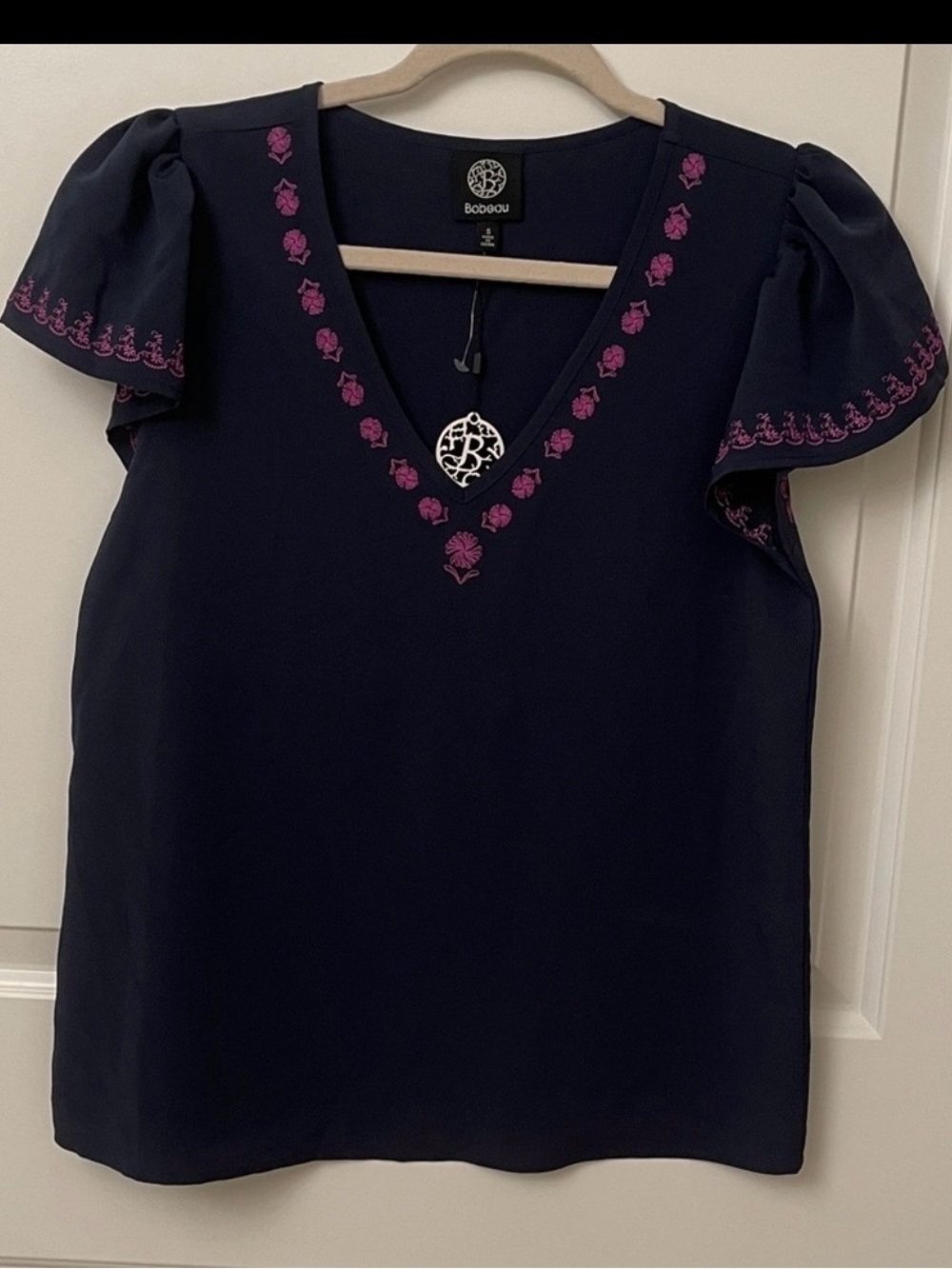 Bobeau Navy Top with Pink Embroidery/Ruffle Sleeve/V Neckline NWT